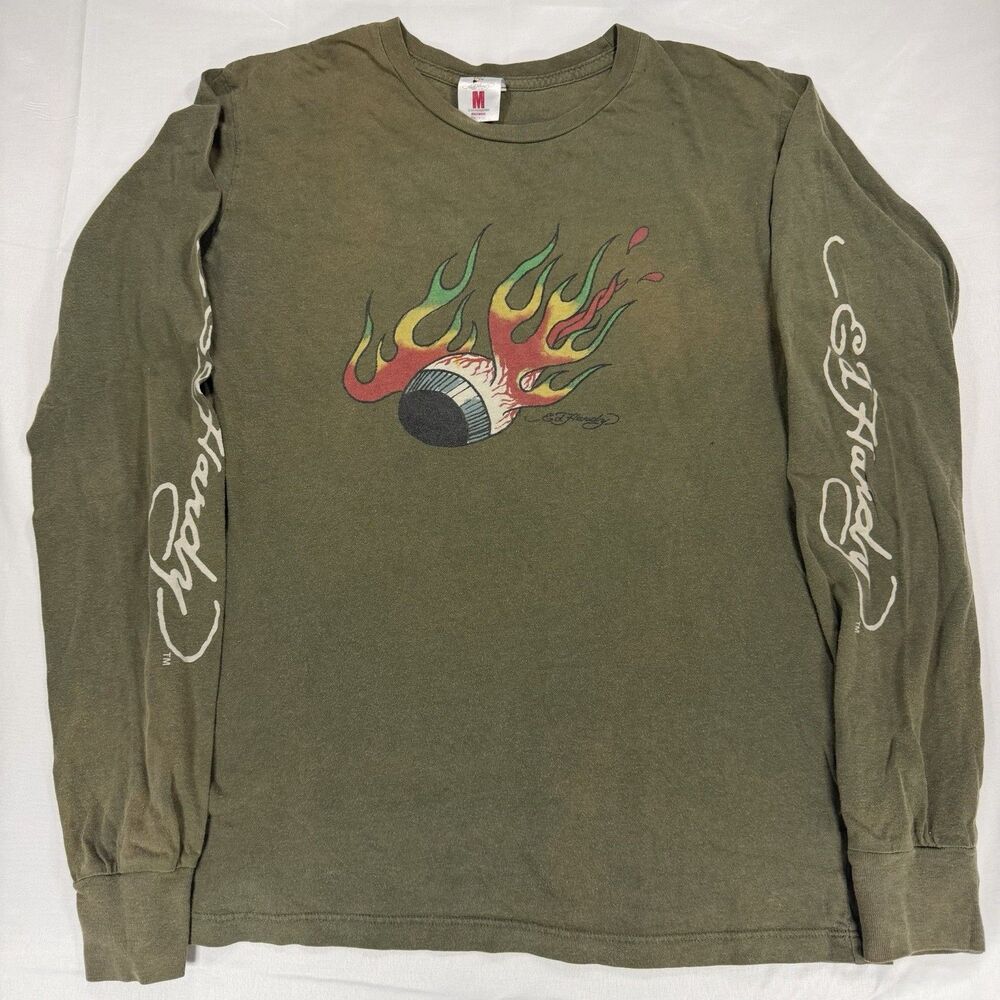 Ed Hardy Y2K Long Sleeve T Shirt M Flaming Eyeball Tattoo Graphic Made USA